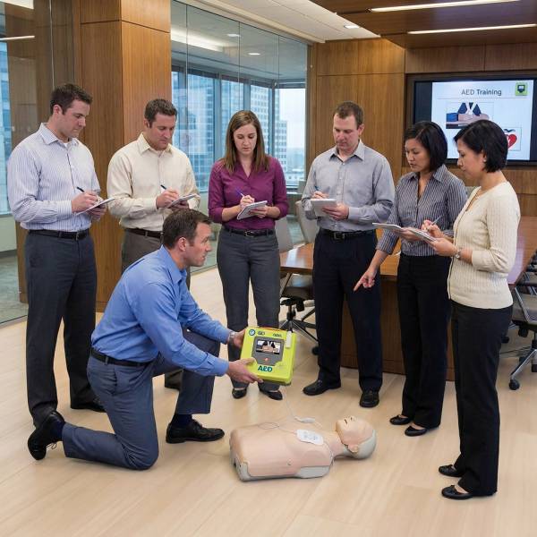 Session de formation à l'utilisation d'un défibrillateur en entreprise